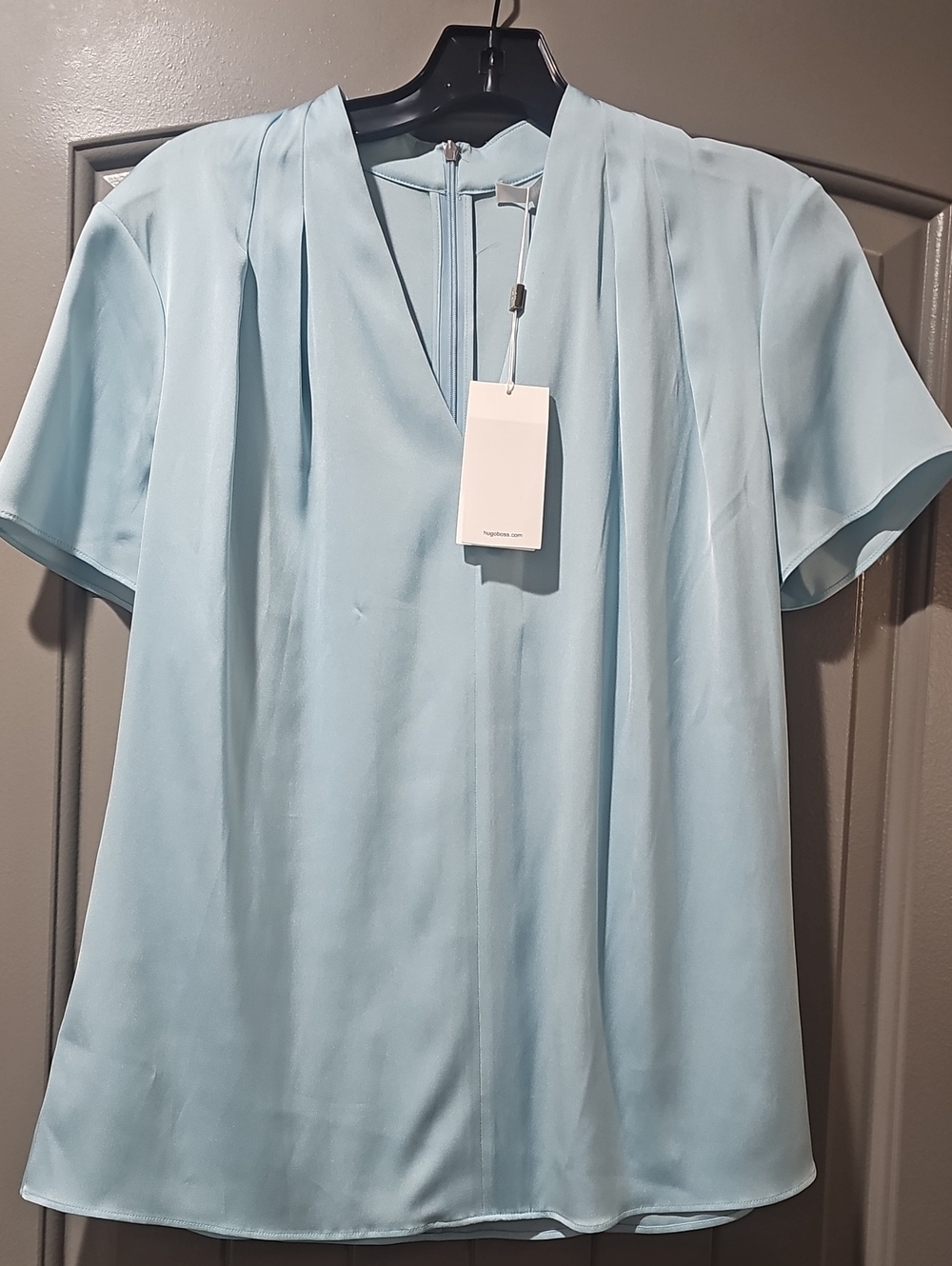 Hugo Boss Light Blue V-Neck Short Sleeve Pleated Blouse